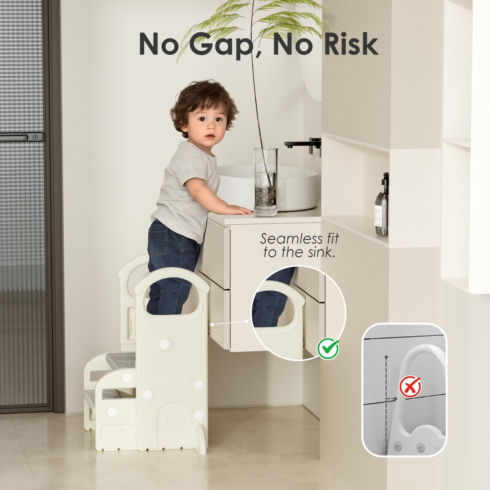 Sgabello Bambini con Maniglie, Scaletta Regolabile a 2 o 3 Gradini, Compatta e Antiscivolo per Bagno, Cucina, WC e Lavandino(Grigio)