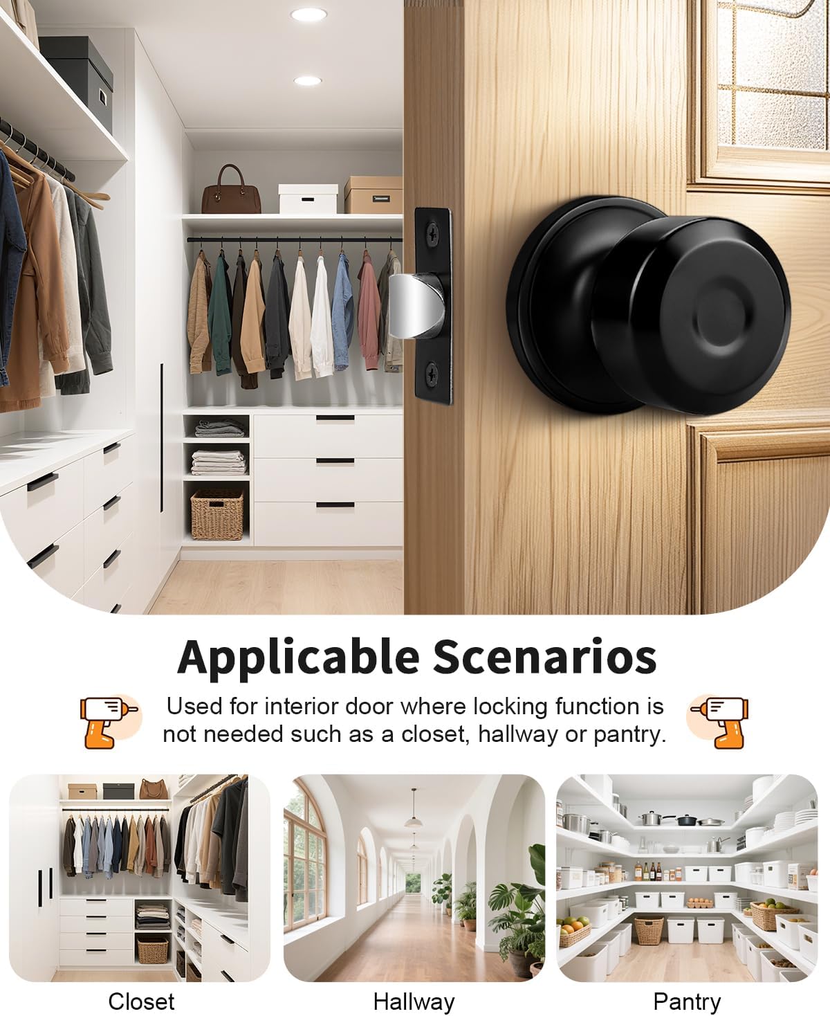 Probrico Closet Door Knob Passage Black Door Knob Without Key Interior Door Knob No-Locking Door Knob for Hallway 3 Pack
