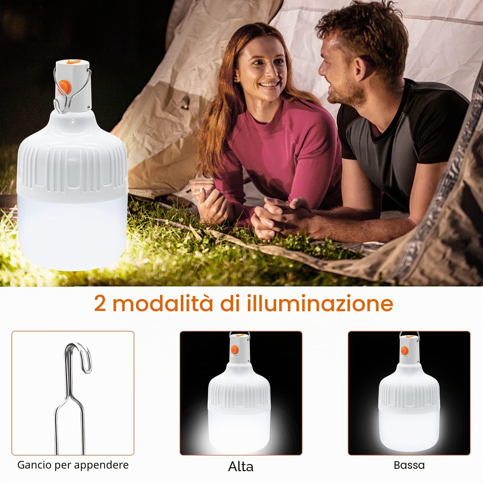 2 Pezzi Lanterna da Campeggio LED, Lampadina Ricaricabile USB 2 Livelli Dimmerabili Appeso Portatile, Luce da Lavoro Lampada Ultra Luminosa Lmpermeabile per Esterno Giardino Emergenza Tenda