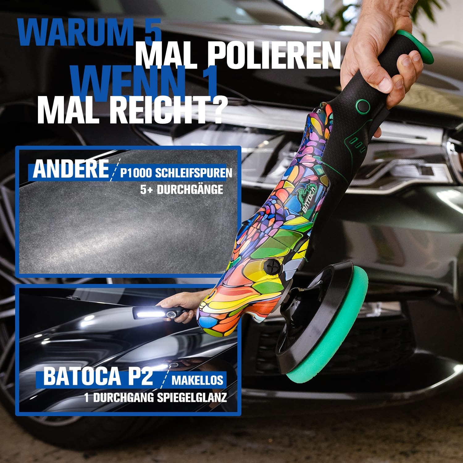 BATOCA P2 Poliermaschine Auto, 1000W Hohes Drehmoment - 150mm Profi Rotationspolierer für Tiefe Lackkorrektur - Vibrationsarm & 5m Abnehmbares Kabel, 6 Stufen 1000-3800 U/min - Boot, Wohnmobil