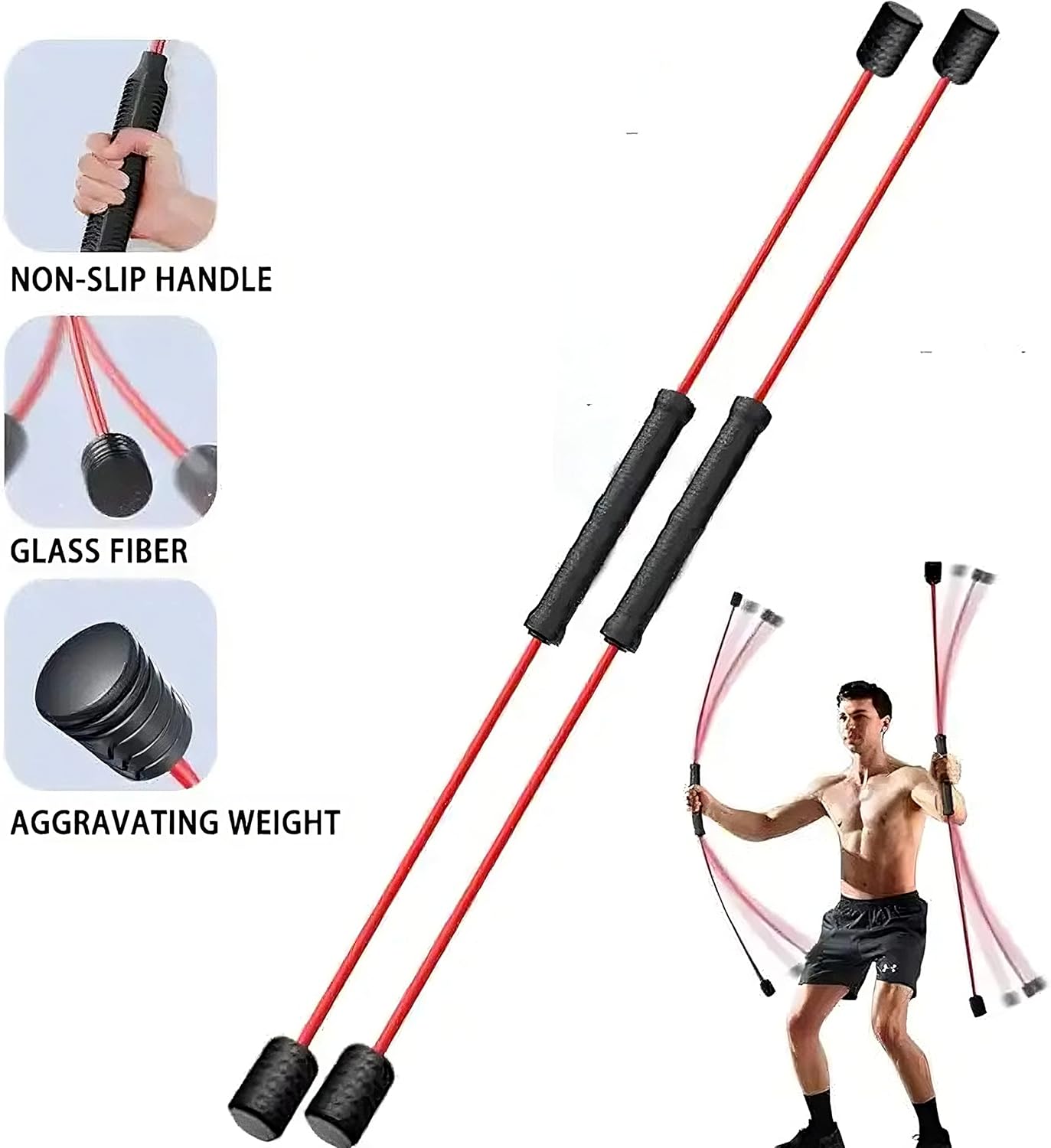 Stick Mobility Flex Bar - High-frequency Vibration Workout Exercise Bar - Black Glass Fiber, Textured Finish - For Total Body Fat Burning, Aerobics, Yoga, Resistance Training