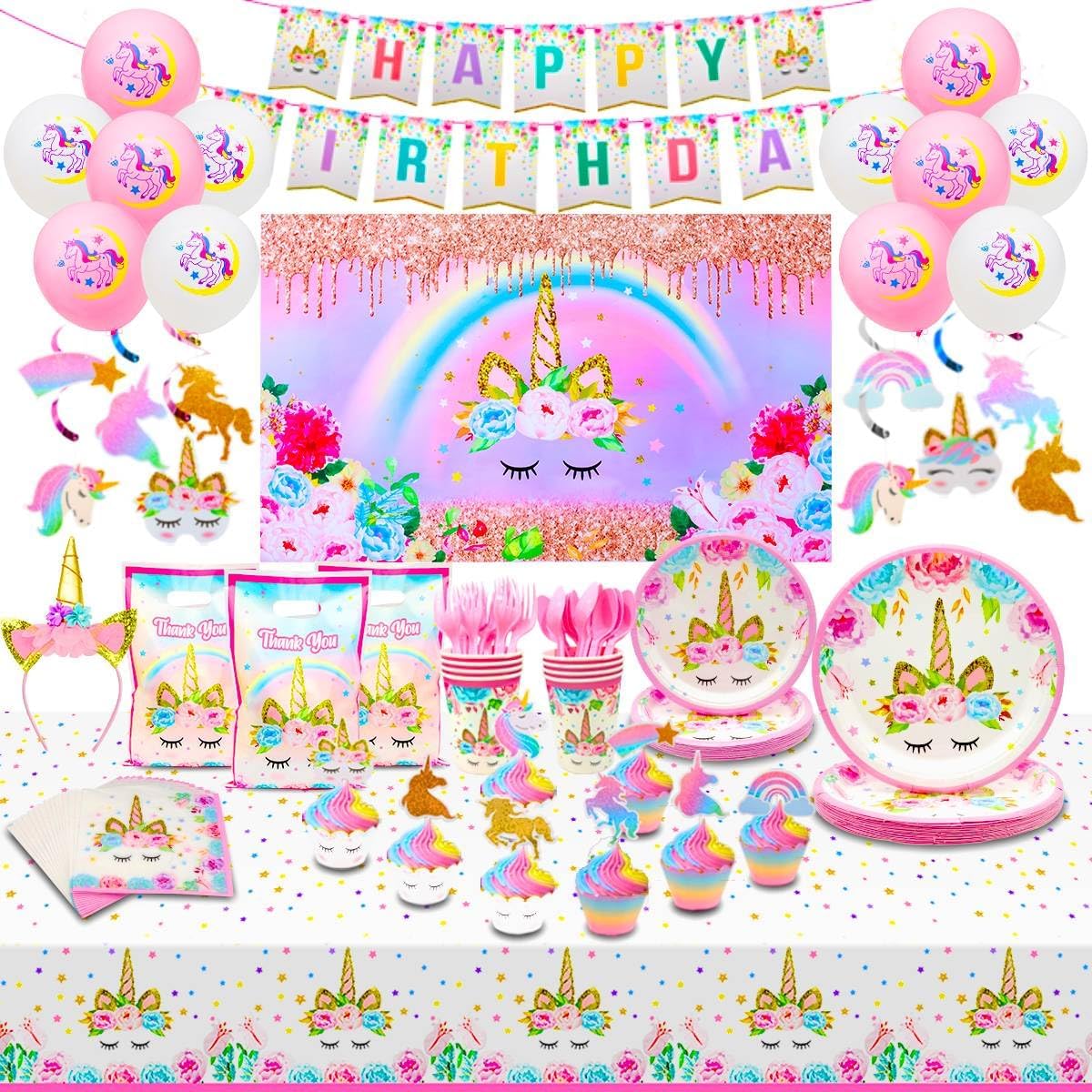 Unicorn Birthday Decorations , Girls Party Decorations for 16 Guests: Tableware, Backdrop, Swirls, Cupcake Wrappers, Bags, Headband, Balloons, Banner (194 Pieces)