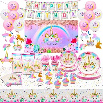 Unicorn Birthday Decorations , Girls Party Decorations for 16 Guests Tableware, Backdrop, Swirls, Cupcake Wrappers, Bags, Headband, Balloons, Banner 194 Pieces