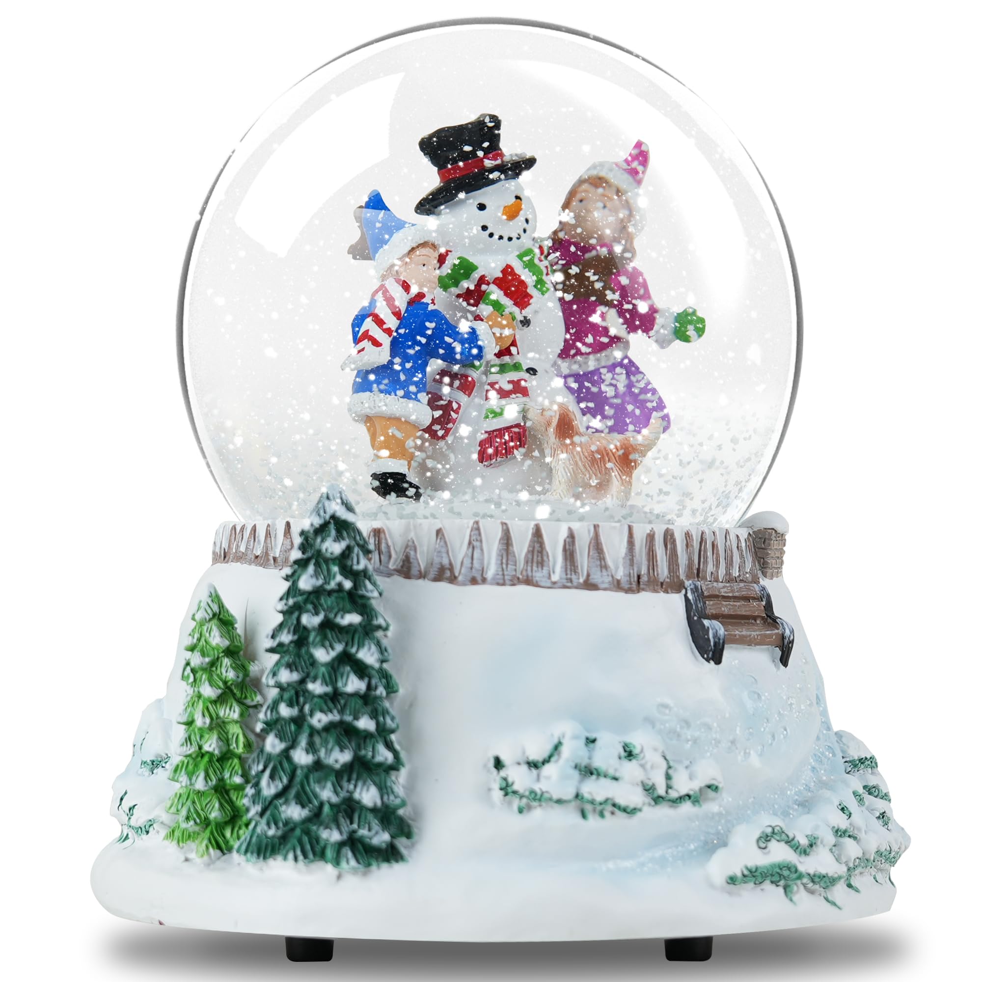 Boule à neige de Noël bonhomme de neige et amis avec lumières LED et chute de neige, boule à neige musicale pour les vacances, Père Noël vient en ville, décoration d'intérieur d'hiver, mélodie d'hiver