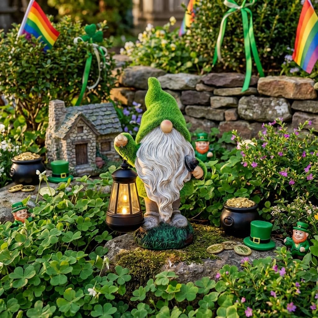 TERESA'S COLLECTIONS Christmas Outdoor Statue for Home, Resin Gnome Decorations with Solar Outdoor Lights for Garden Decor,Green Garden Sculptures & Statues for Front Patio Lawn, Gifts for Mom,8" - Image 5