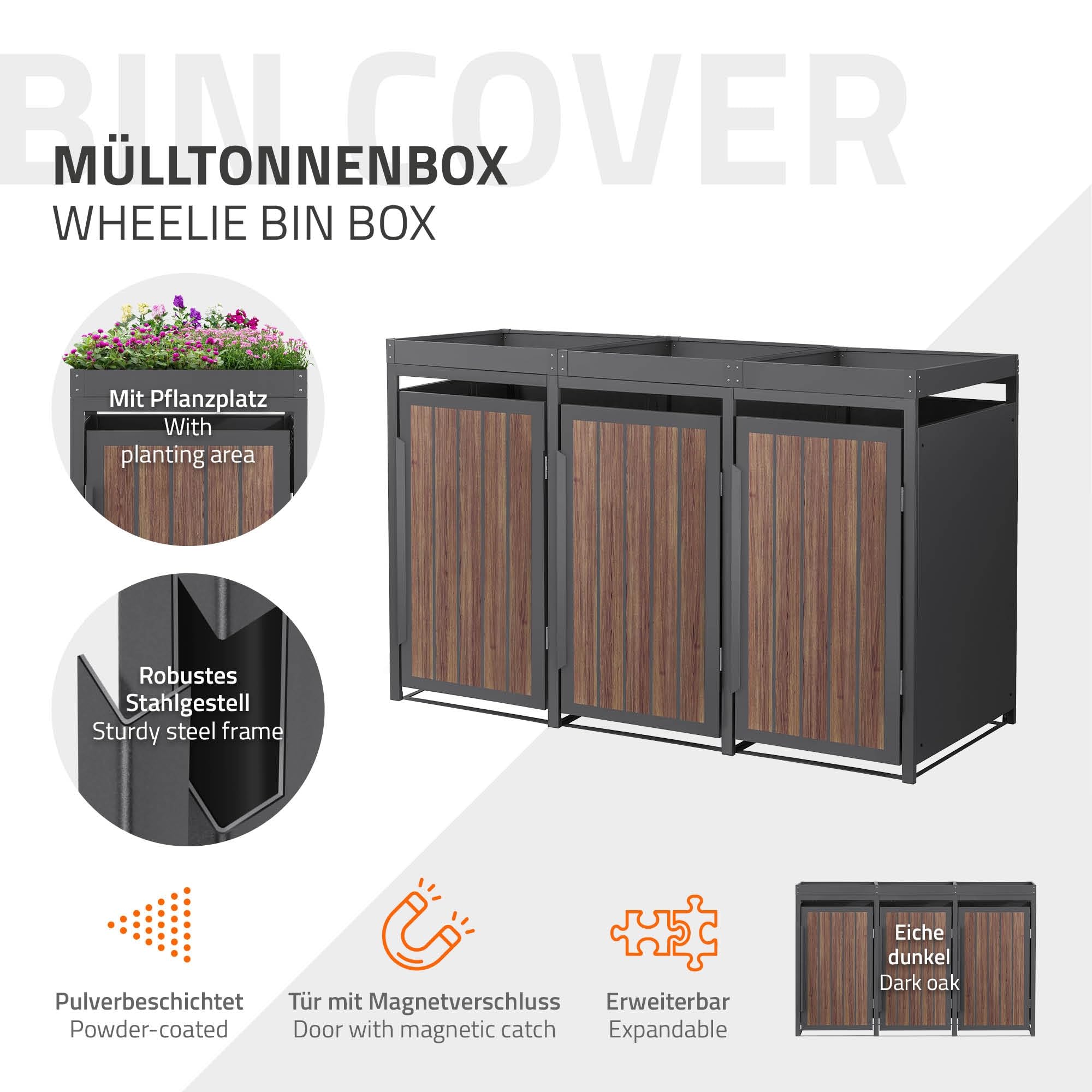 ML-Design Copribidone per Spazzatura 3 Bidoni 240L 196x80x124 cm in Acciaio Antracite Effetto Rovere Scuro con Tetto a Fioriera, Resistente alle Intemperie, Deposito per Bidoni di Rifiuti, Box Bidoni
