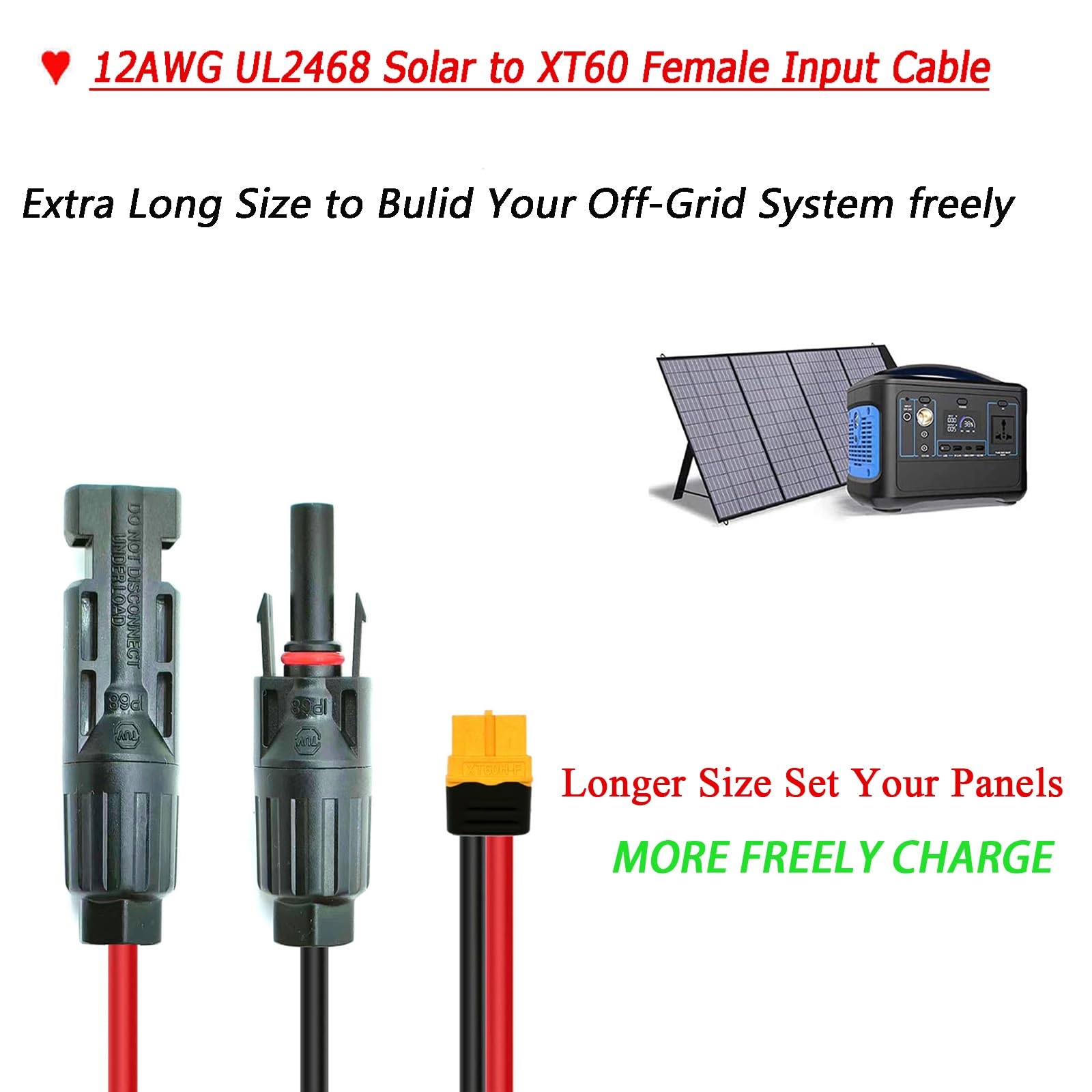 Kabel solarny 12AWG do XT60, kabel do ładowania słonecznego z żeńskim adapterem XT60 do stacji zasilających, generatorów słonecznych