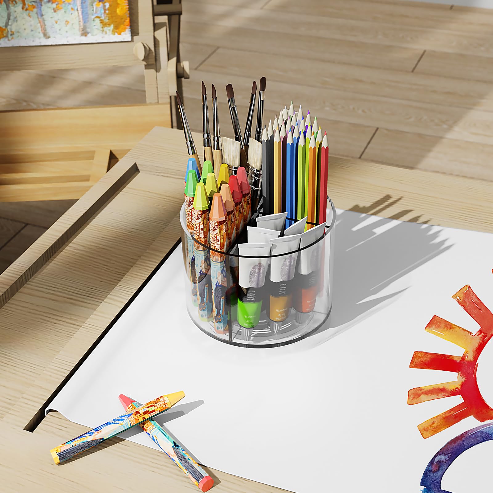 Mefirt Portapenne in acrilico, organizer da scrivania rotante a 360 gradi, organizer da scrivania in acrilico con 4 scomparti, organizer per forniture artistiche, per ufficio, scuola, casa,
