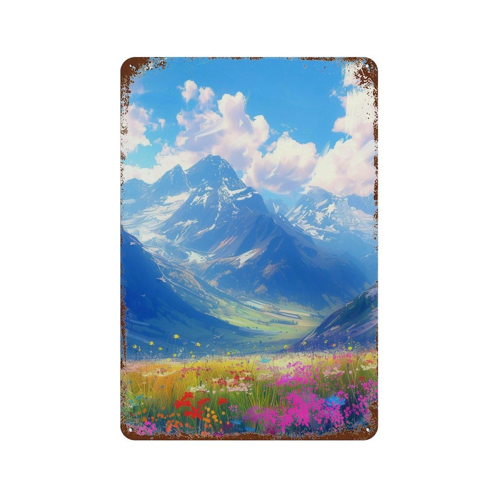 Mountain Valley with Wildflowers Decorative Tin Sign 11.8"x7.9", Vintage Wall Decor for Garage, Pub Or Kitchen