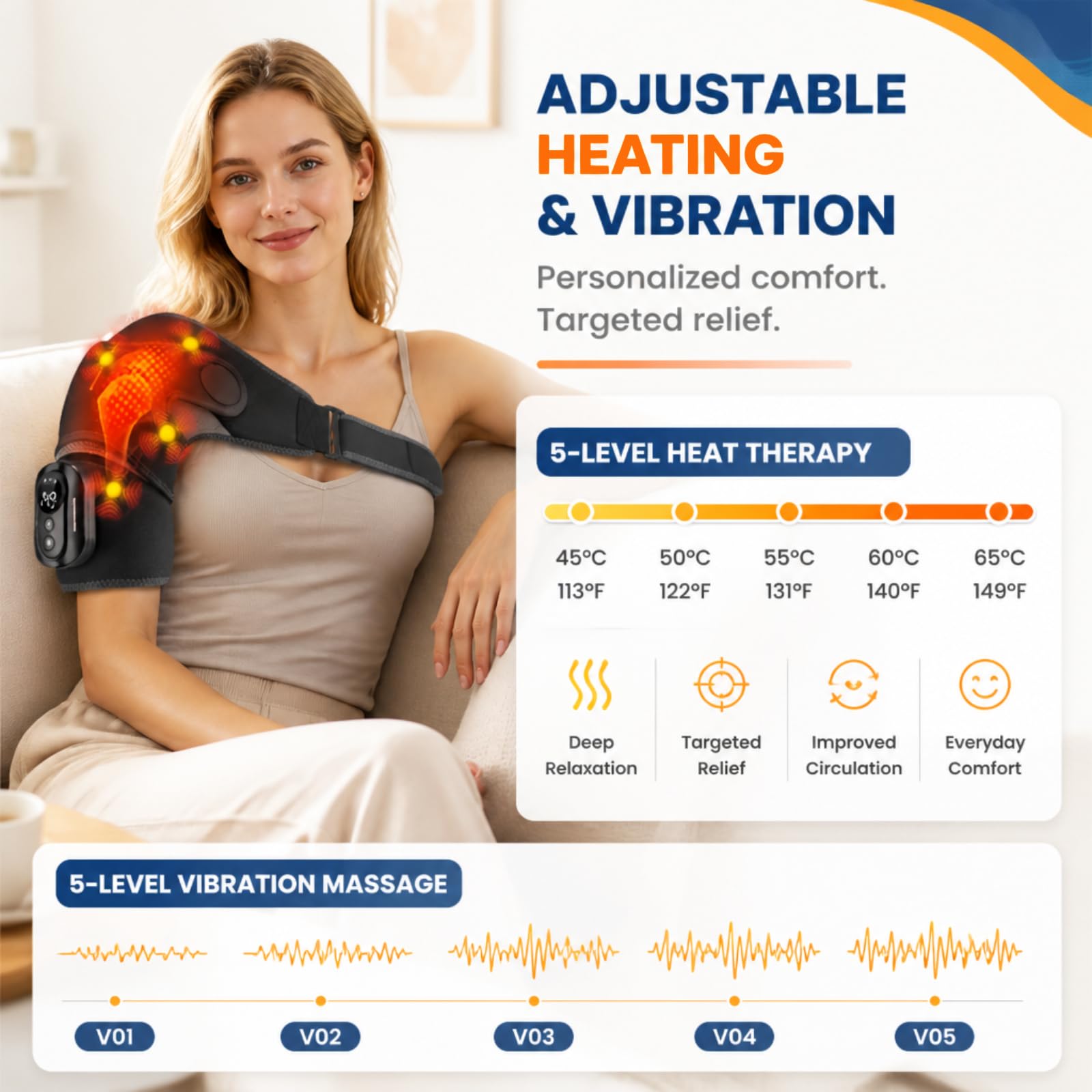 Triple méthode Masseur d'épaule avec chaleur et vibration, 5 niveaux de chaleur et 5 modes, 5000 mAh, séparation magnétique, réglable, respirant – Vainqueur du test Appareil de massage des épaules