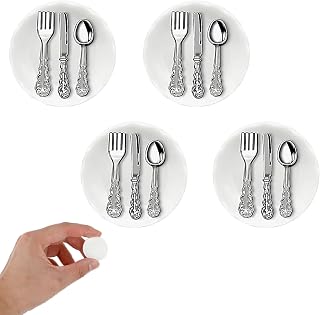 TIESOME Dollhouse Kitchen Accessories Set, 4 Pcs Miniature Plates with 8 Pcs Mini Metal Tablewares Porcelain Plate Model 1:12 Dollhouse Kitchen Decoration for Pretend Play