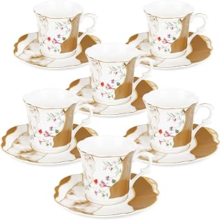 fanquare 80ml taza de café espresso y platillo, 12 piezas de cerámica tazas juego de 6, marrón patrón de mármol tazas de espresso para el bar de café en casa