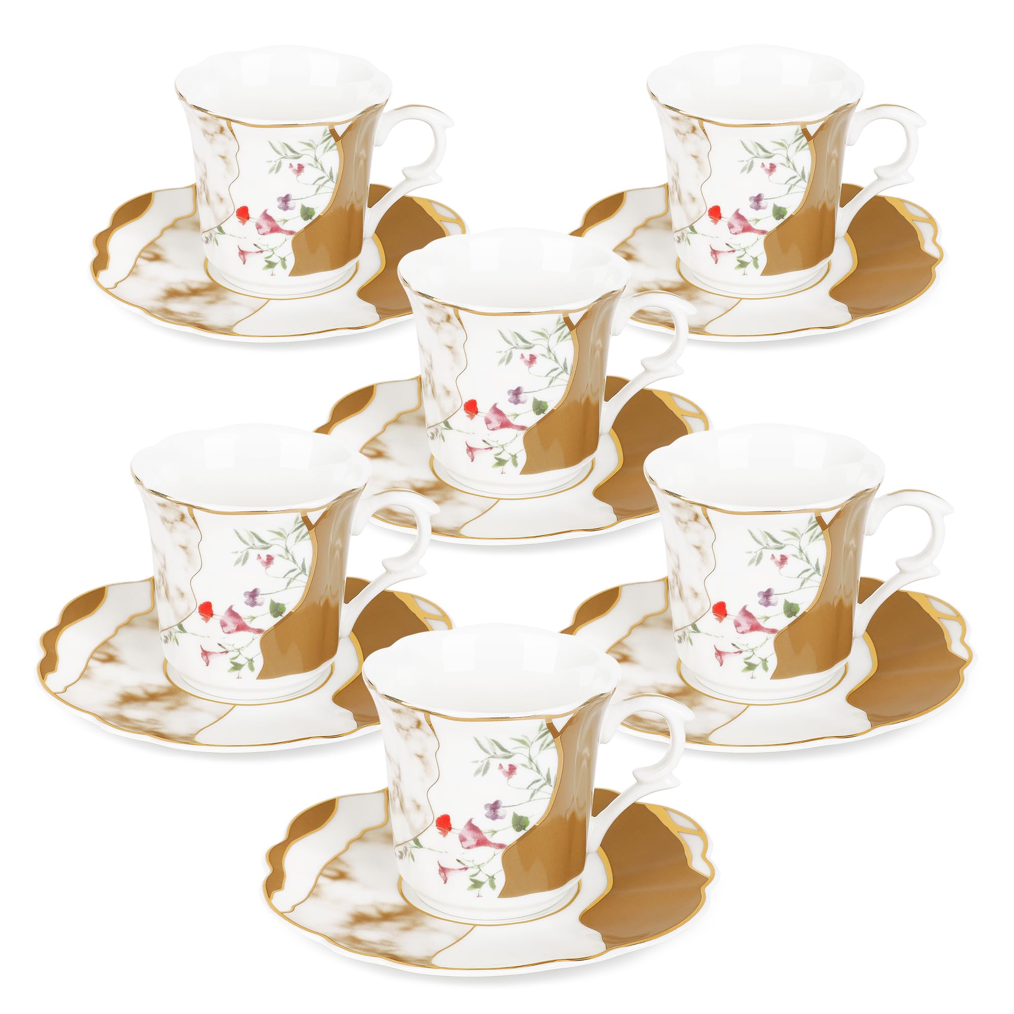 fanquare Flor de Té Tazas y Platos Juegos de 6 Vintage Marrón Mármol Bone China Espresso Taza de café con adornos de oro Mini Elegante Tarde de Té Set de Porcelana Servicio de Té Regalos 80ml