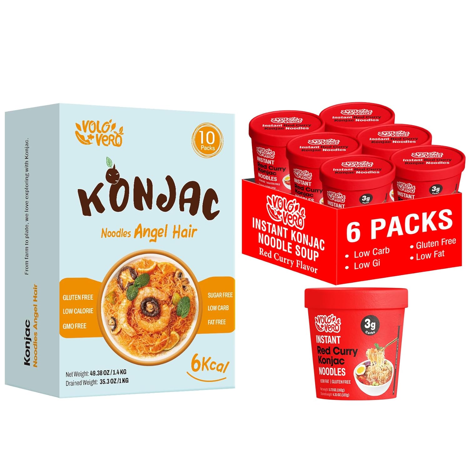 VOLO VERO Konjac Noodles, 16 Packs, Vegan, Gluten-Free, Keto, Low Calorie, Low Sugar, Low GI, Low Carb Shirataki Noodle Pasta, Ready to Eat, Healthy Mael, Holiday Gifts