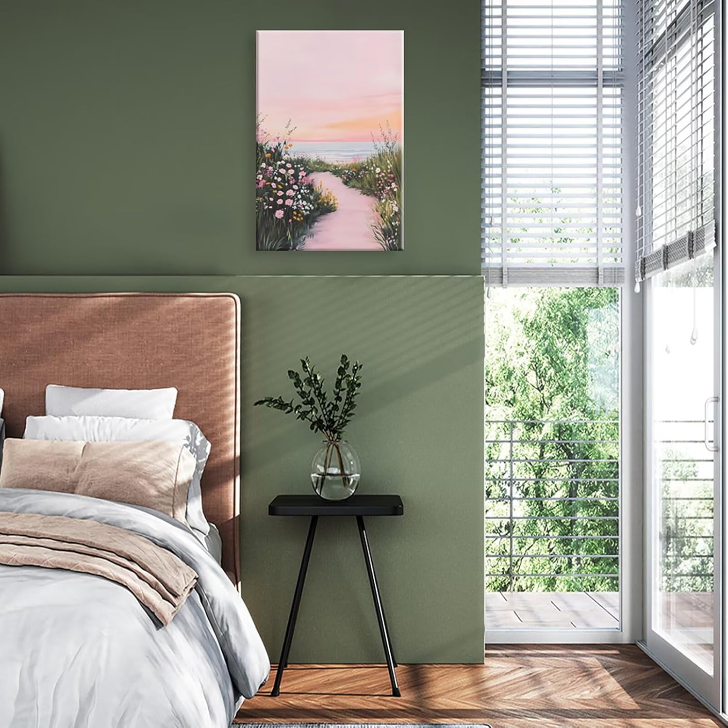 Trendy Pastel Pink Coastal Wildflower Path Canvas Poster Print Modern Dreamy Aesthetic Sunset Ocean View Picture Wall Art Nature Beach Decor for Bedroom Living Room Office 12x16inch Framed