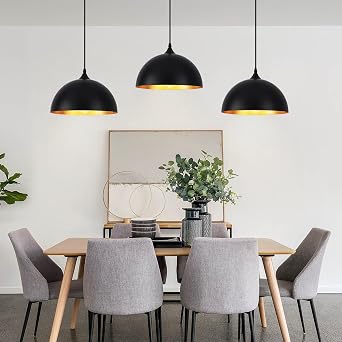 3 Pack Pendant Light Black and Gold Industrial Lights for Kitchen Island | Height Adjustable Cable fits Dining Room, Hallway, Bar, E27 Socket, MAX 60W, 220V, Durable Metal Fixture, Quick Installation