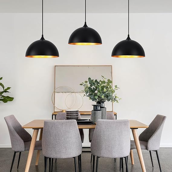 3 Pack Pendant Light Black and Gold Industrial Lights for Kitchen Island | Height Adjustable Cable fits Dining Room, Hallway, Bar, E27 Socket, MAX 60W, 220V, Durable Metal Fixture, Quick Installation