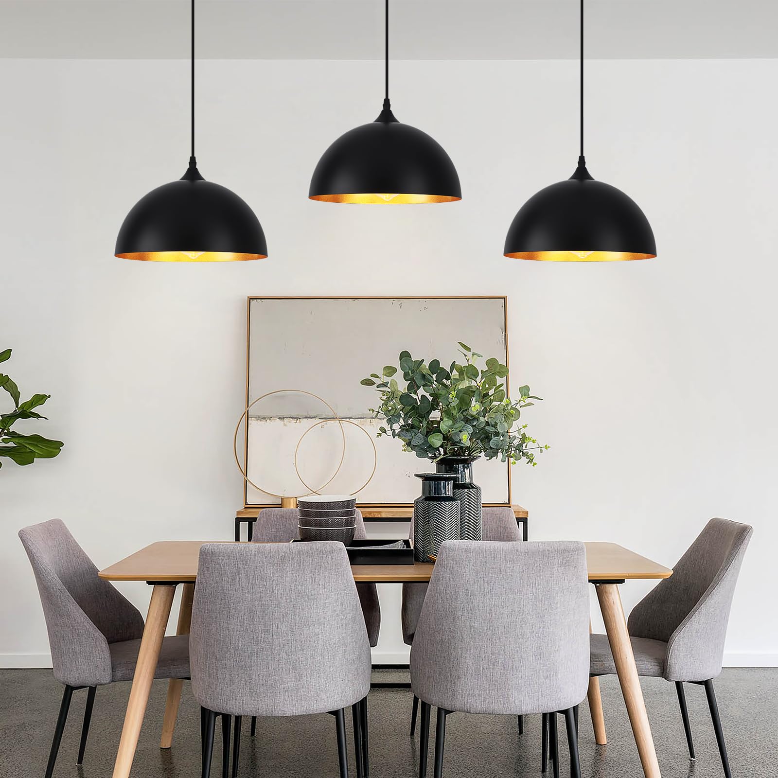 Lot de 3 Suspensions Industrielles, Suspensions Noires et Dorées | Luminaires Suspendus pour îlot de Cuisine pour Chambre à Coucher, Salon, Restaurant, Bar, E27