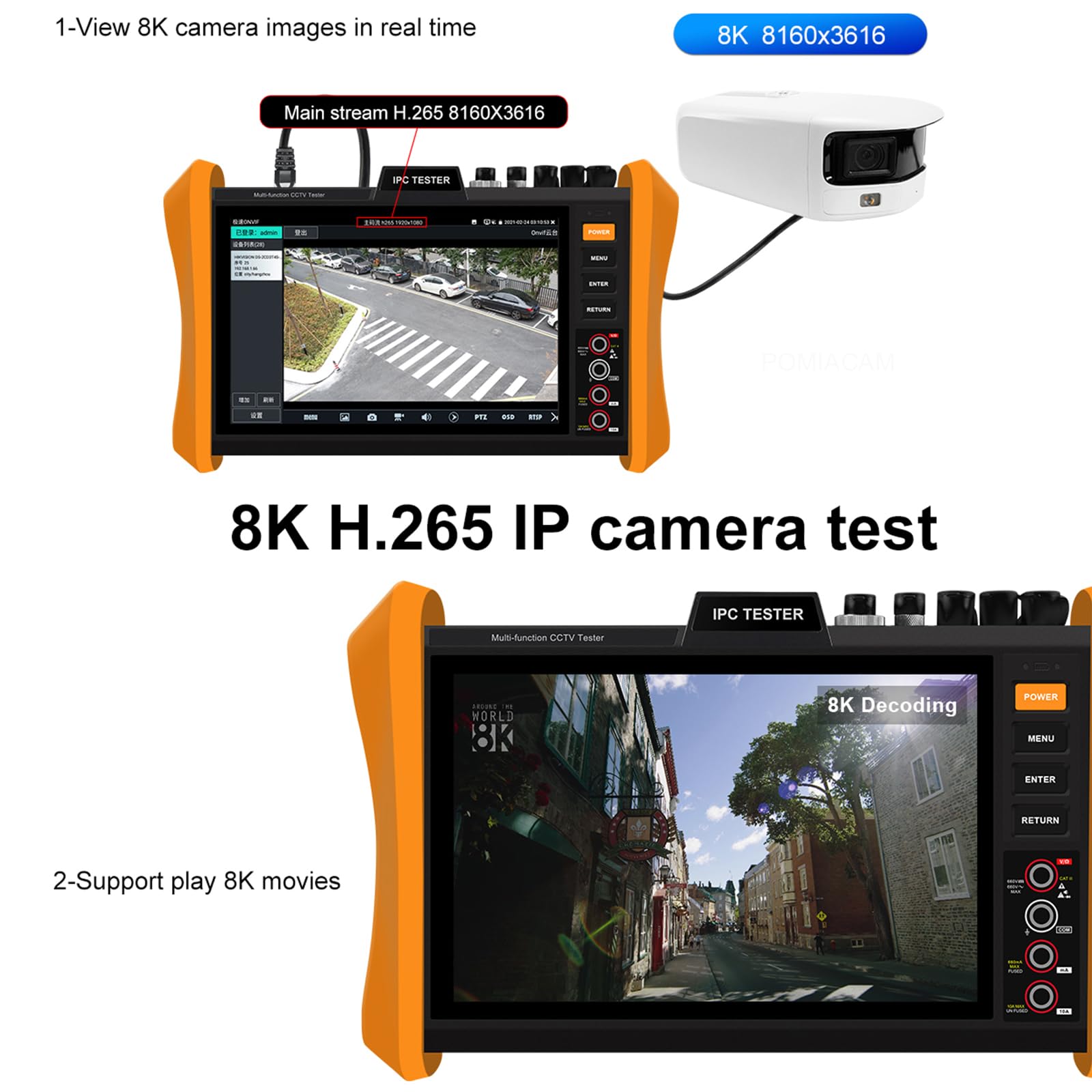 Probador de cámara IP 8K multifuncional CCTV, pantalla de 8 pulgadas, 8K H.265 8MP TVI/CVI/AHD/SDI/CVBS, comprobador de cables DMM TDR VFL compatible con 55 V POE++, puerto SFP HDMI y VGA (modelo