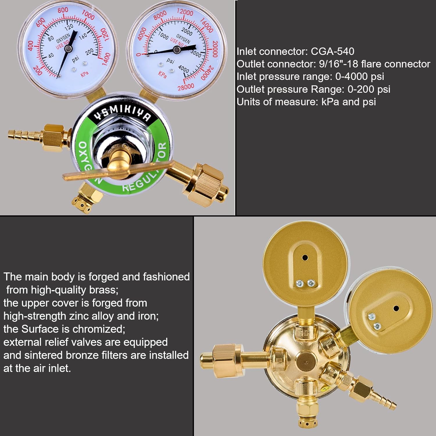 Heavy Duty Oxygen Regulator, Large Tank Gauge Cutting Torch Regulator Outlet 0-200PSI Inlet 0-4000PSI CGA 540