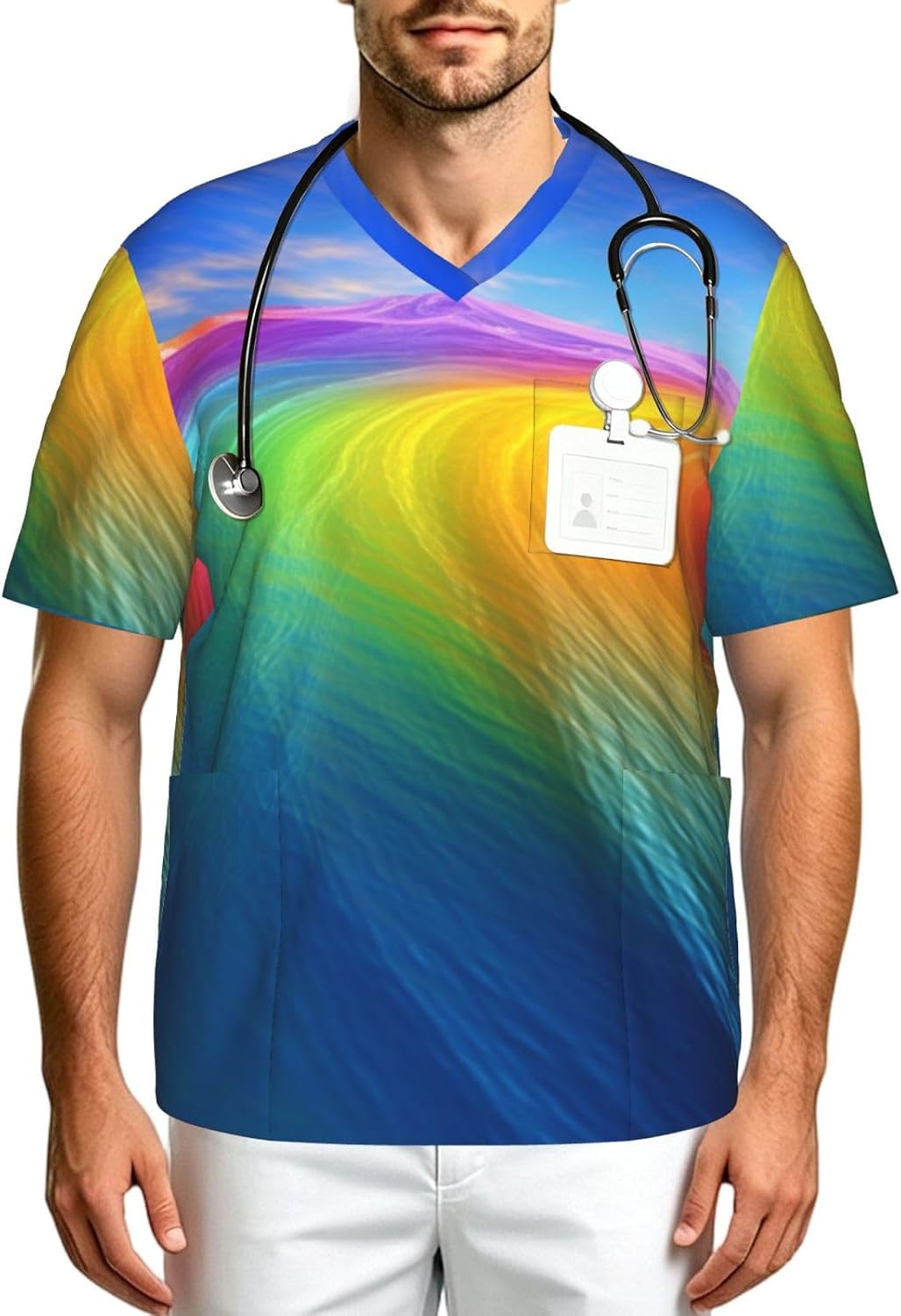 Professional Scrub Tops for Men, Classic V-Neck Workwear with 3 Pockets