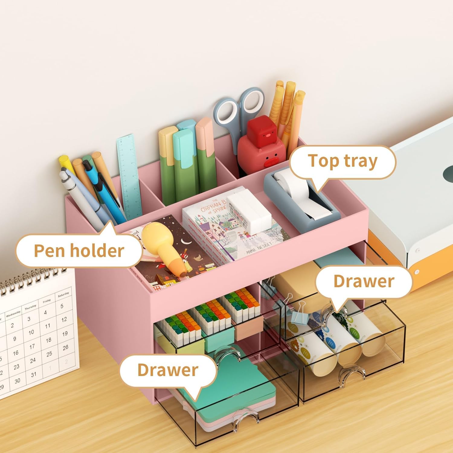 KAHEIGN Organizador de Escritorio 4 Cajones 19CM x 14CM Portalápices Gran Capacidad Rosa