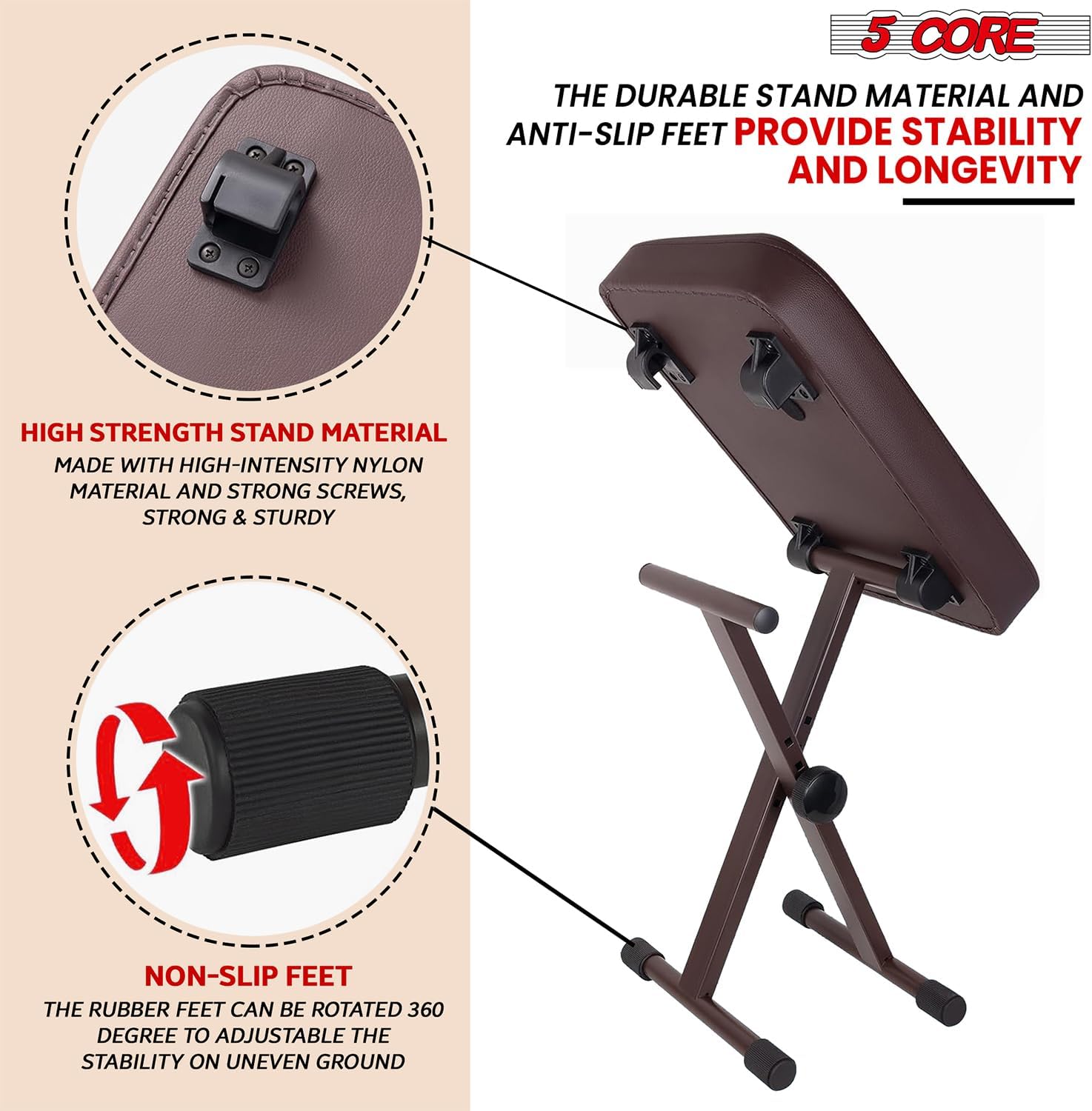 5 CORE Keyboard Bench 3 Inch Padded Cushion Adjustable 14.5" to 20.5" Piano Stool Heavy Duty Musician Chair 340 lbs Capacity - KBB BR HD
