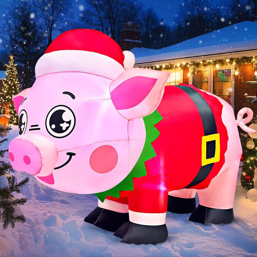 KOOY 5FT Christmas Inflatables Outdoor Decorations, Pig Blow up Yard Decorations with LED Light Up for Xmas,Outdoor Christmas Animal Decorations for Yard Holiday Party Garden Lawn Décor