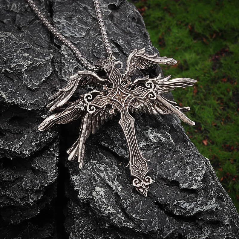 Gothic Cross Necklace for Men Vintage Six Winged Angel Cross Pendant Necklace Punk Silver Talisman Charm Necklace Biker Style Halloween Accessory - Image 3