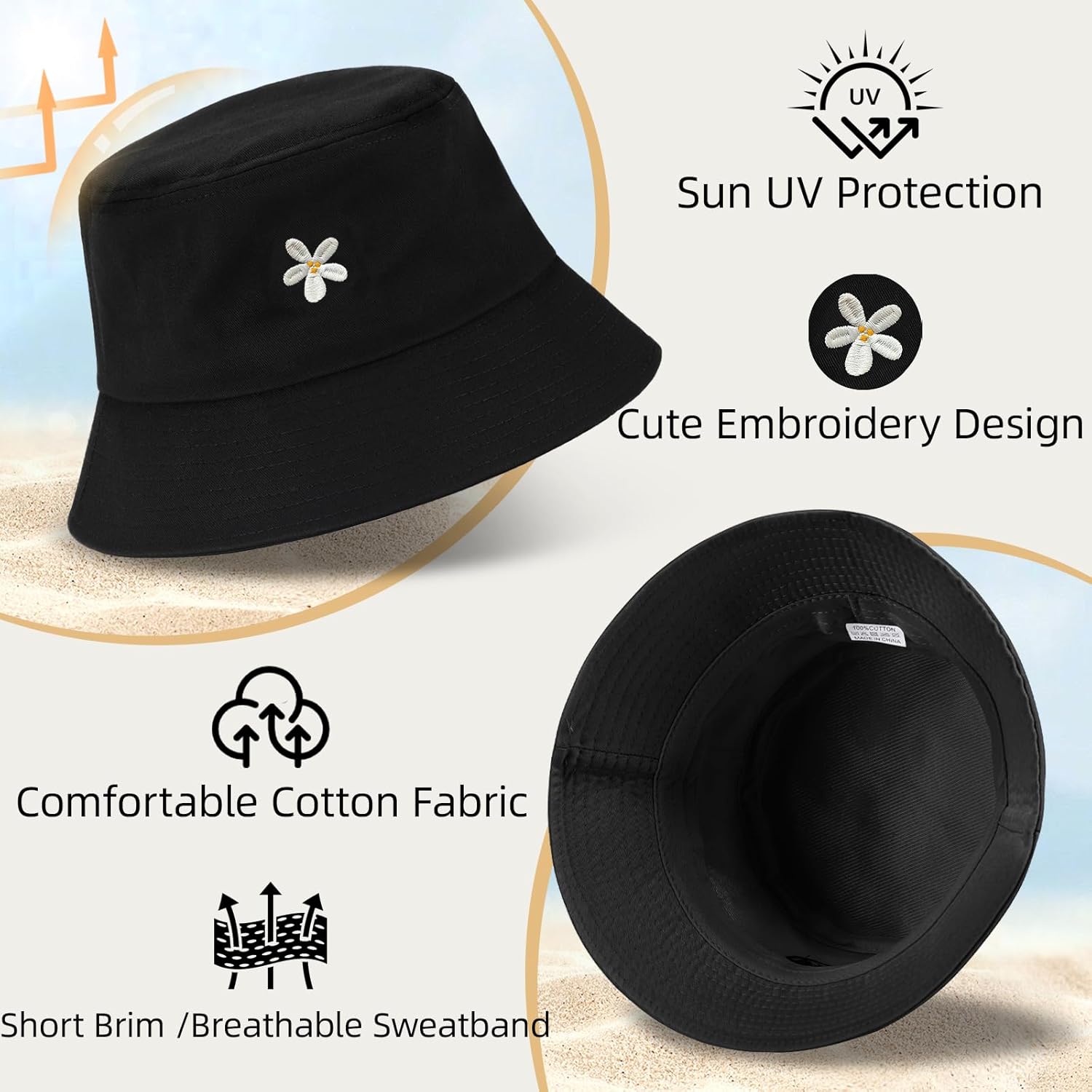 Fashion Embroidered Bucket Hat Cotton Summer Beach Sun Hat for Women Men Teen - Image 8