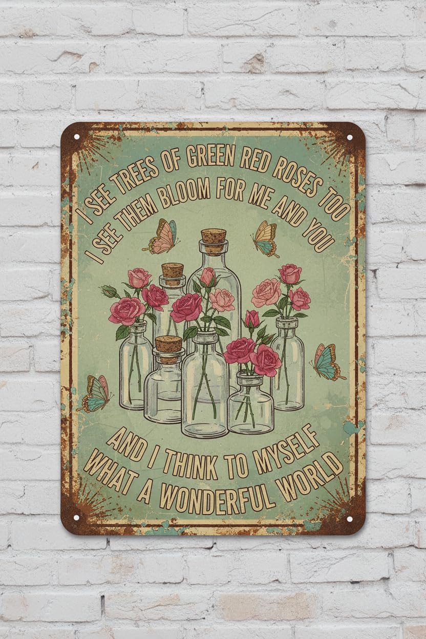 Butterfly What A Wonderful World Flowers Tin Sign, 8x12 Inch