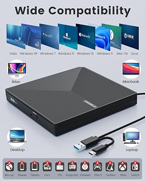 ORIGBELIE External CD DVD Drive, Portable USB C & A DVD Optical Disc Drive