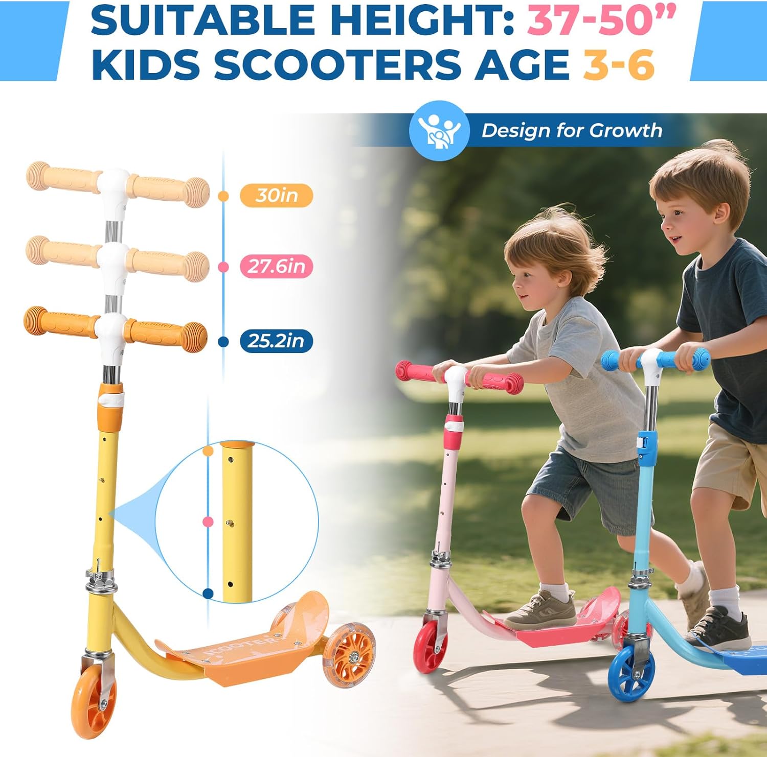 Kids Kick Scooter with Adjustable Height & LED Flash Wheels | 3 Growing Levels for Ages 3-6 Years | Outdoor Fun for Boys & Girls (37 to 50 Inches)
