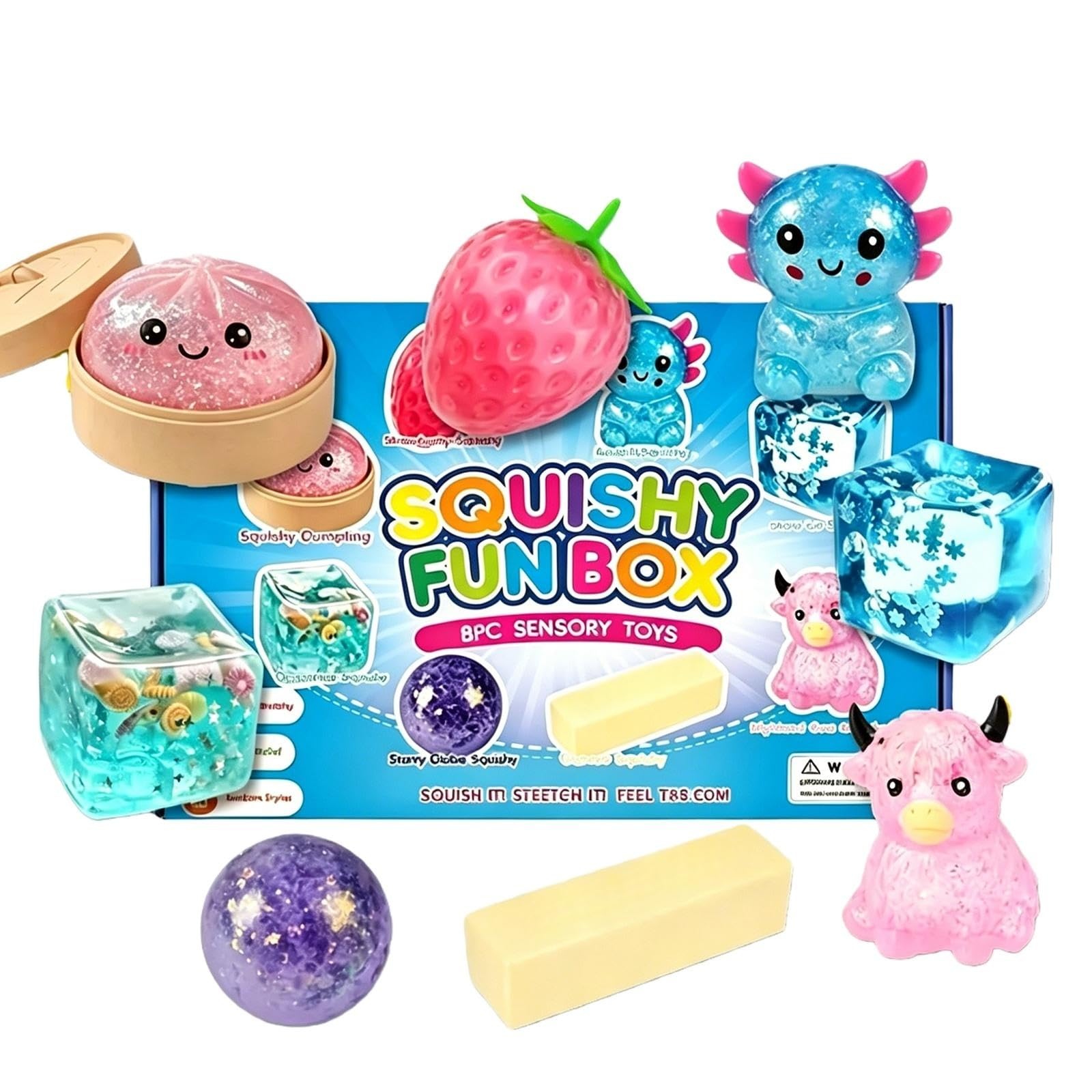 8 PCS Squishy Box, Squishy Mystery Box Set Cute Butter, Dumpling, Strawberry, Realistic Shaped Squeezes Balls, Squeeze Slow Rising Stress Relief Soft Cute Anxiety Gifts Party Favor (#B)