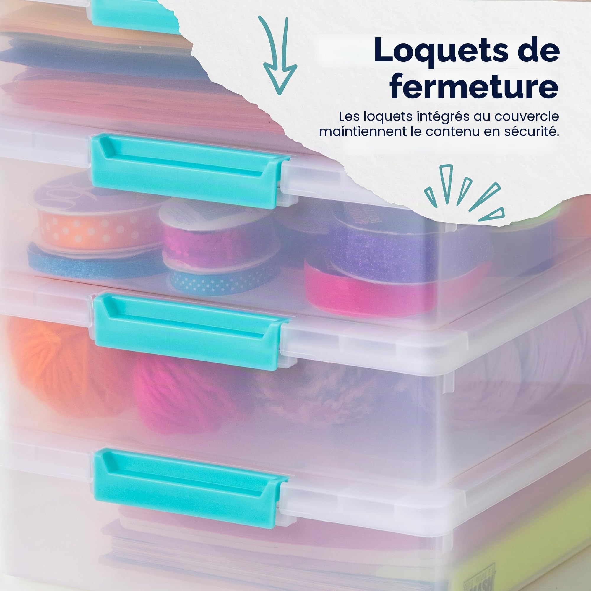 IRIS USA Lot de 4 bacs avec couvercles, boîte à clip, organisation et récipient de rangement pour bureau, école, enfants, salle d'artisanat, 6 litres, transparent/bleu écume de mer