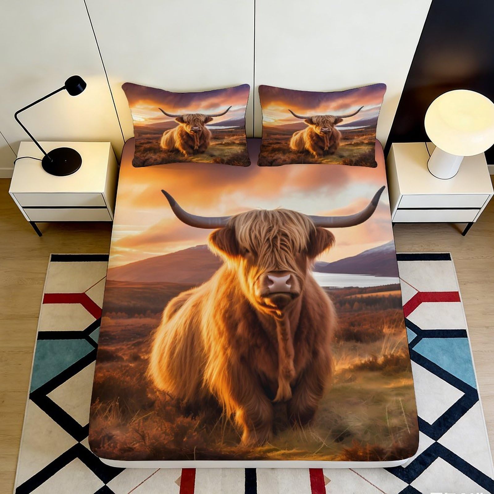 3D Printed Highland Cow Fitted Sheet Microfiber Soft Breathable Sunset Landscape Mattress Cover Bedroom Decor 90x200x25cm