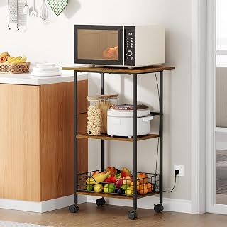 Microwave Cart with Storage, 3-Tier Rolling Kitchen Stand with Wire Basket, Wood and Metal Utility Cart on Wheels, Coffee Bar Station, Small Baker’s Rack As Kitchen Island, Microwave Shelf Organizer - Amazon product rated Grade A