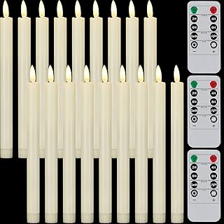 18 Pieces Flameless Taper Candles with Remote Timer Battery Operated LED Flickering Window Candles 3D Warm Light Electric Taper Candles for Home Wedding Decor Valentine's Day, 10 x 0.78 Inch (Ivory)