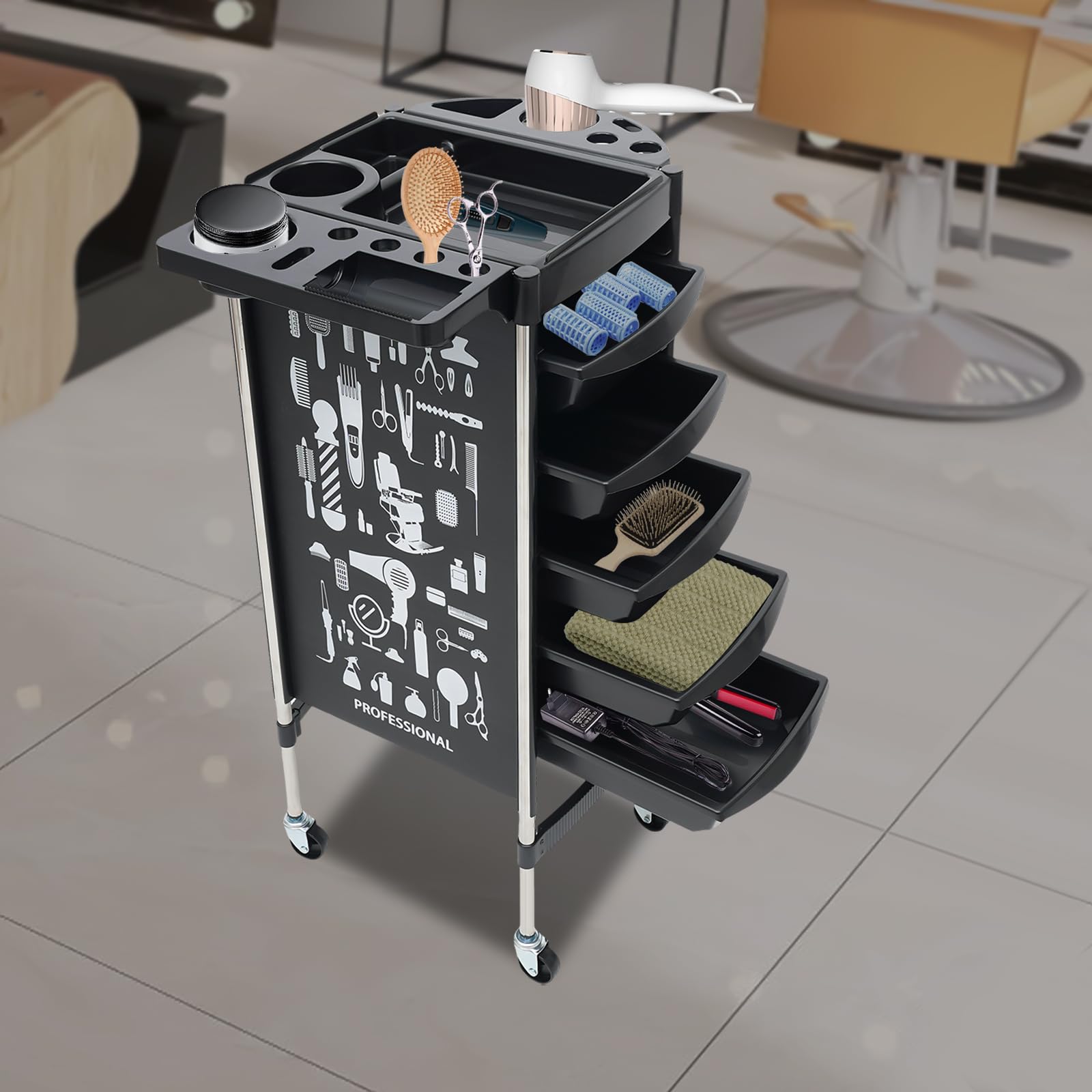 Friseurwagen, Arbeitswagen Rollwagen, mit 5 Schubladen Salon Trolley für Beauty Salon, Salonhilfe Friseur Arbeitswagen Wagen, Schwarz