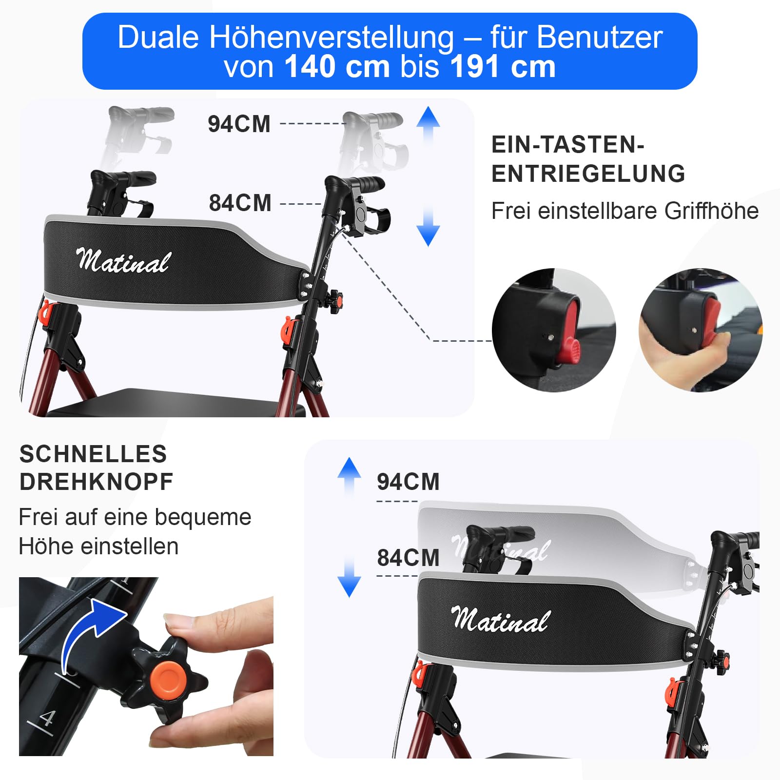Leichtgewicht Rollator faltbar mit Sitz, Bis (160 kg) belastbar | 6-fach höhenverstellbar, 8-Zoll All-Terrain-Reifen, Robuste Aluminium-Laufhilfe Ideal für Indoor & Outdoor (Weinrot)