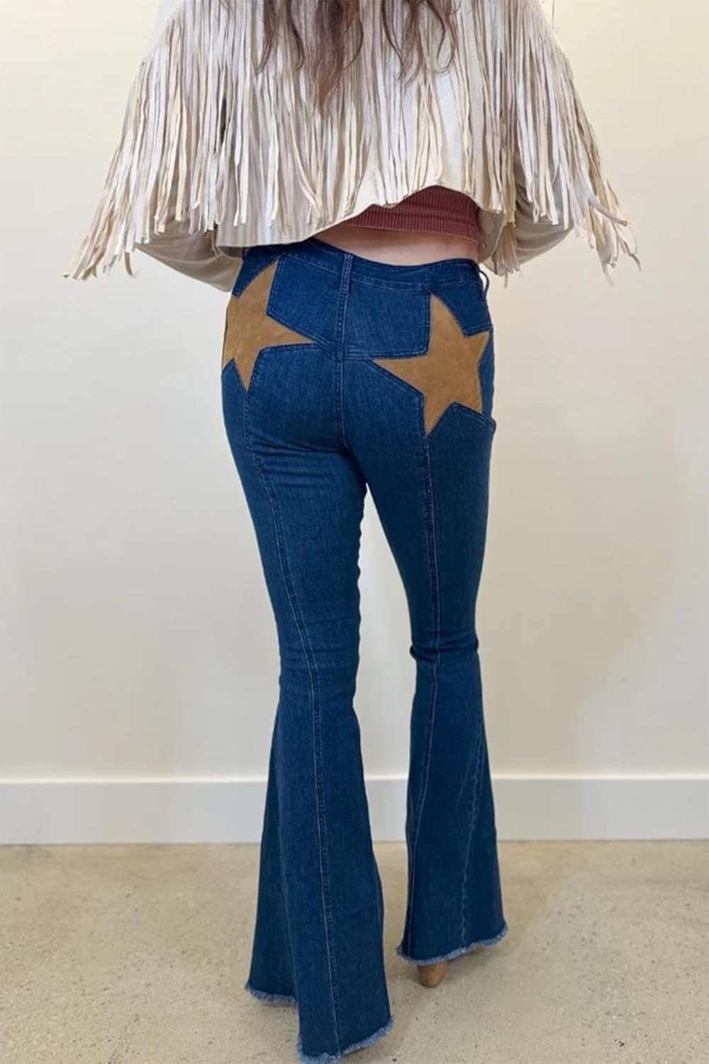 Mxiqqpltky Star Patchwork Bell Bottom Jeans for Women Mid Waist Bootcut Flare Jeans Stretch Straight Leg Skinny Denim Pants