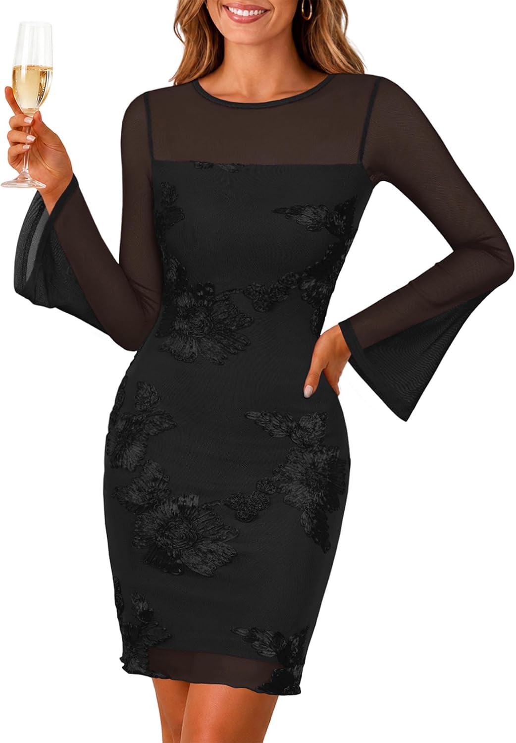 Lazysmile Womens Long Sleeve Floral Mesh Weeding Guest Short Dress Black