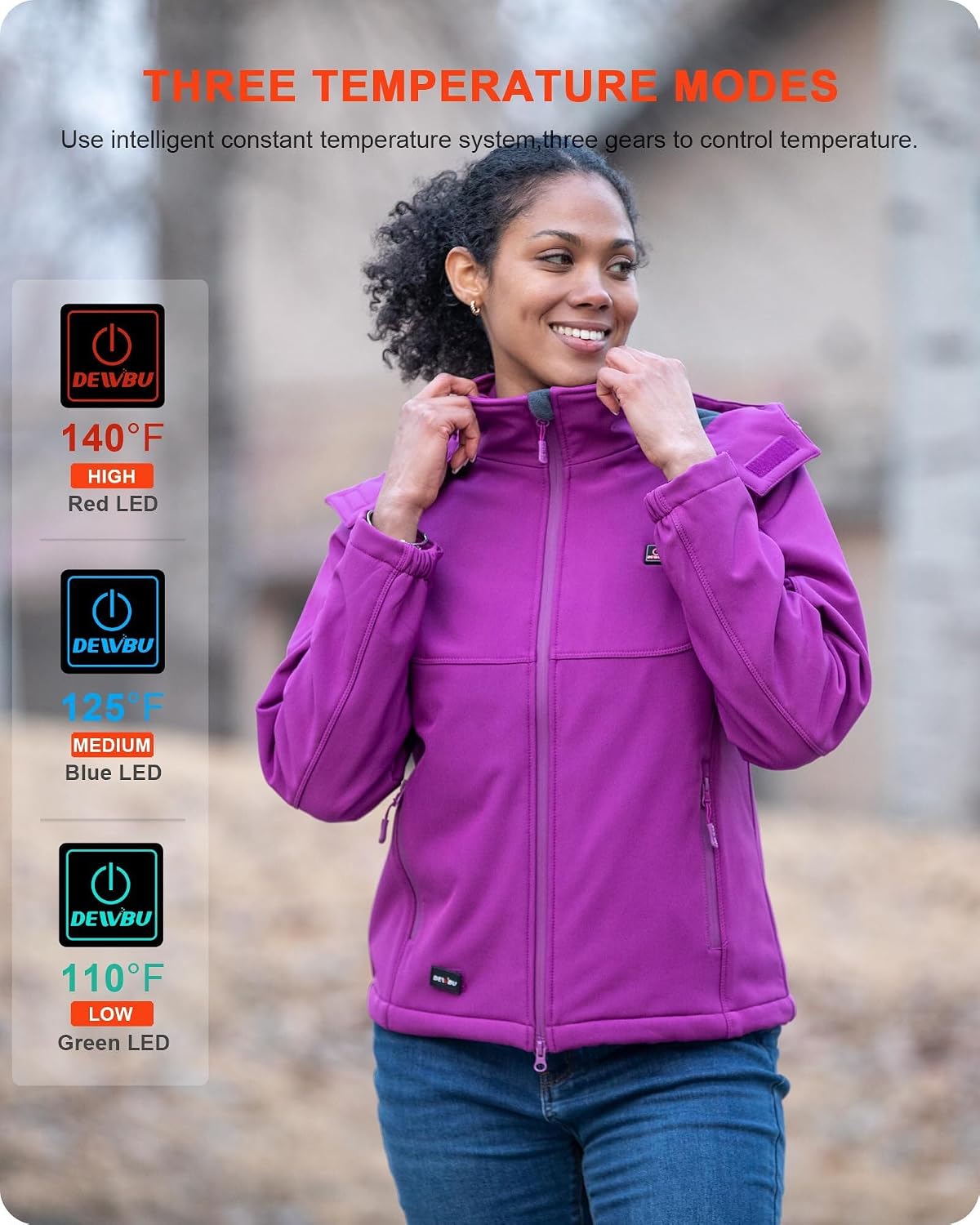 DEWBU Soft Shell Heated Jacket for Women with 12V Battery Pack and Detachable Hood Outdoor Electric Heating Coat