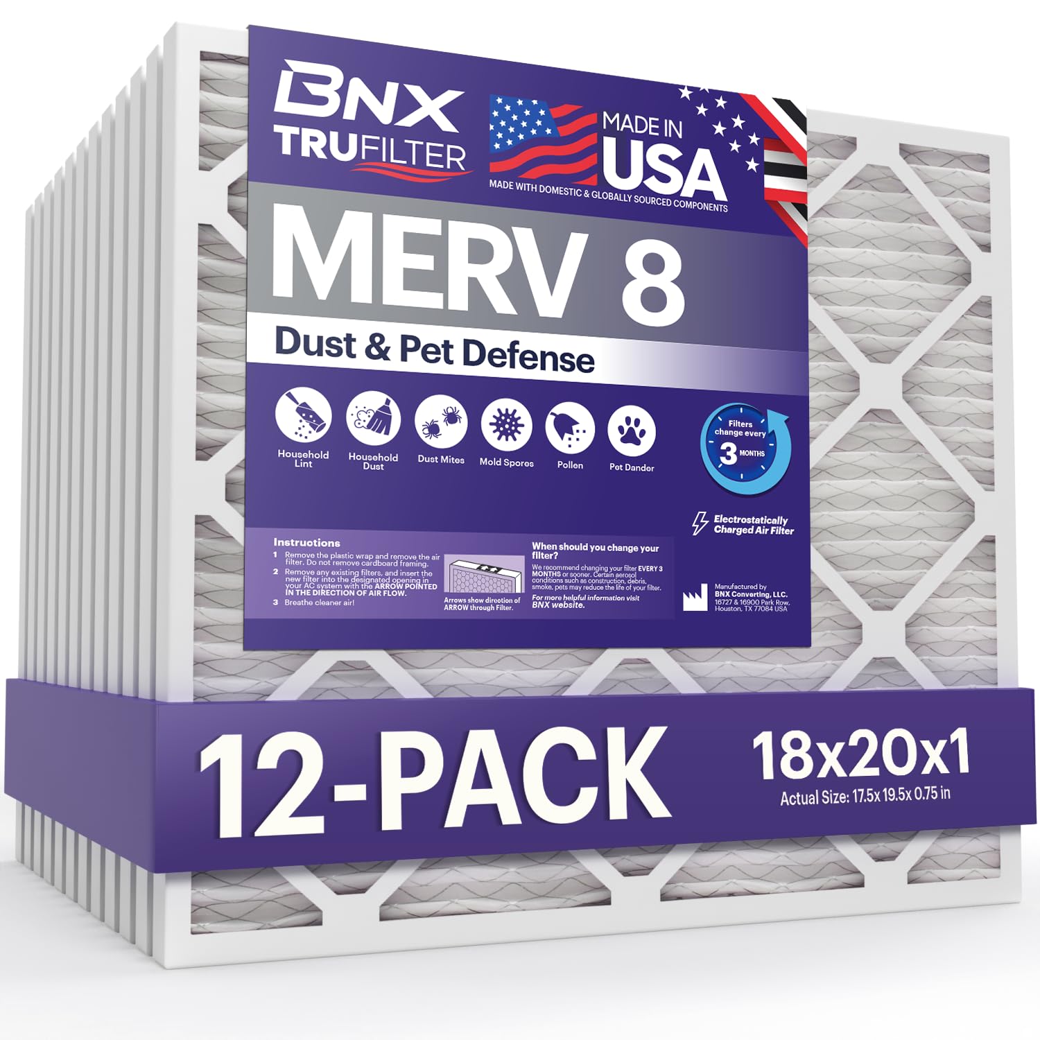 BNX TruFilter 18x20x1 Air Filter MERV 8 (12-Pack) - MADE IN USA – Dust &amp; Pet Defense Electrostatic Pleated Air Conditioner HVAC AC Furnace Filters for Dust, Pet, Mold, Pollen MPR 600 – 700 &amp; FPR 5