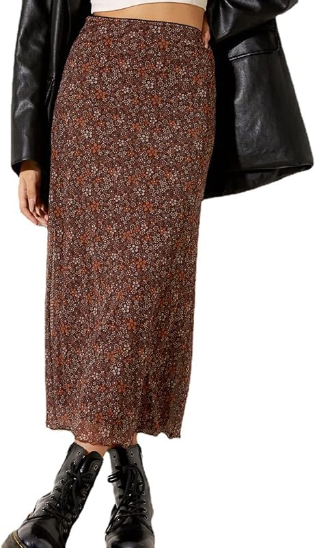 Avanova Women Mesh Floral Boho Midi Skirt High Waist Long Skirt | Lettuce Trim, Stretchy Lined Fabric, Not See-Through, Midi Length Skirts for Fall, Weekends, Casual Work, Brunch, Vacation