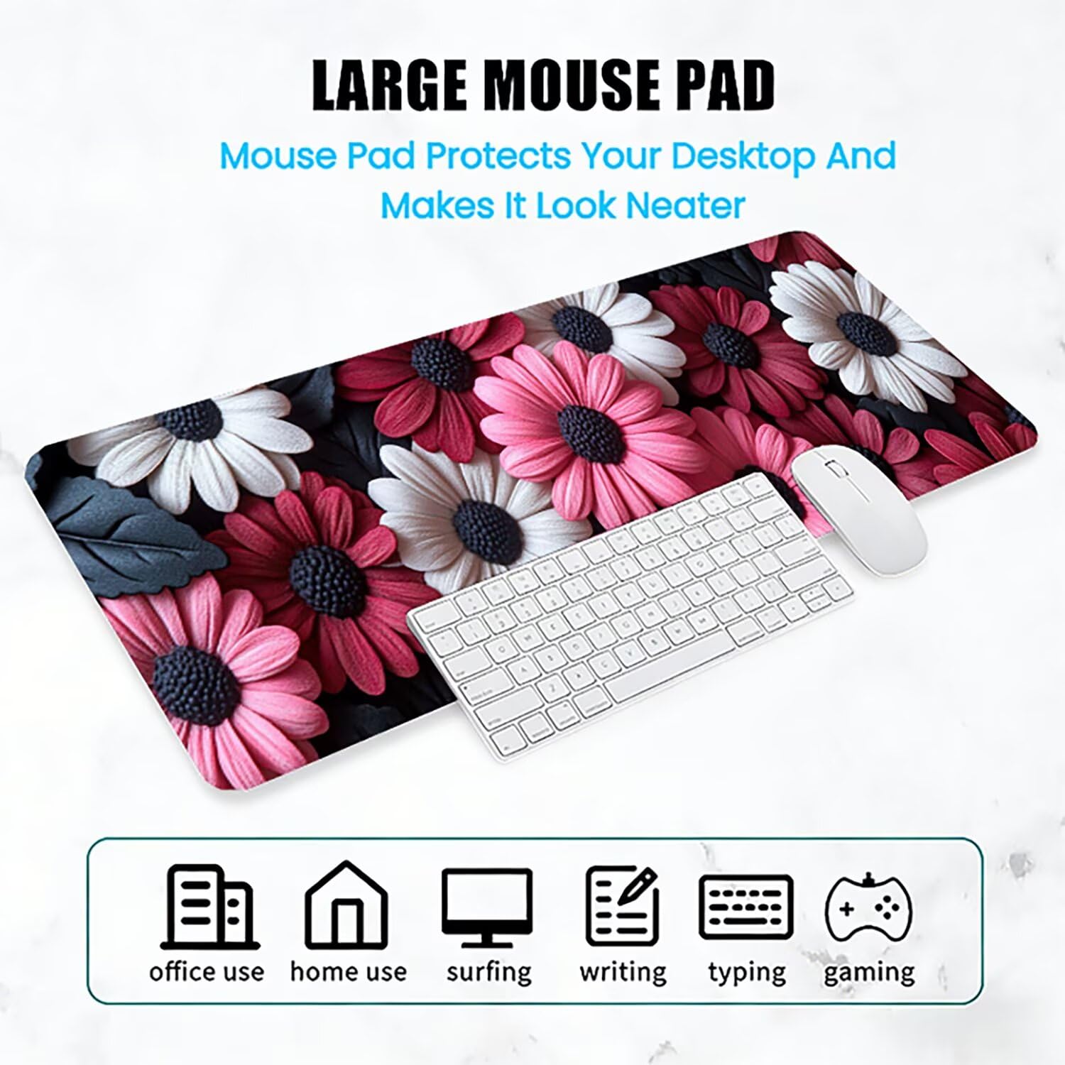 Podkładka pod mysz Lejnlnng XXL - 160x80cm - Flower Big Gamer Mouse Pad, fabryczna XL antypoślizgowa gumowa mata na biurko, wodoodporna podkładka pod mysz o wysokiej precyzji i szybkości baza JL-7460