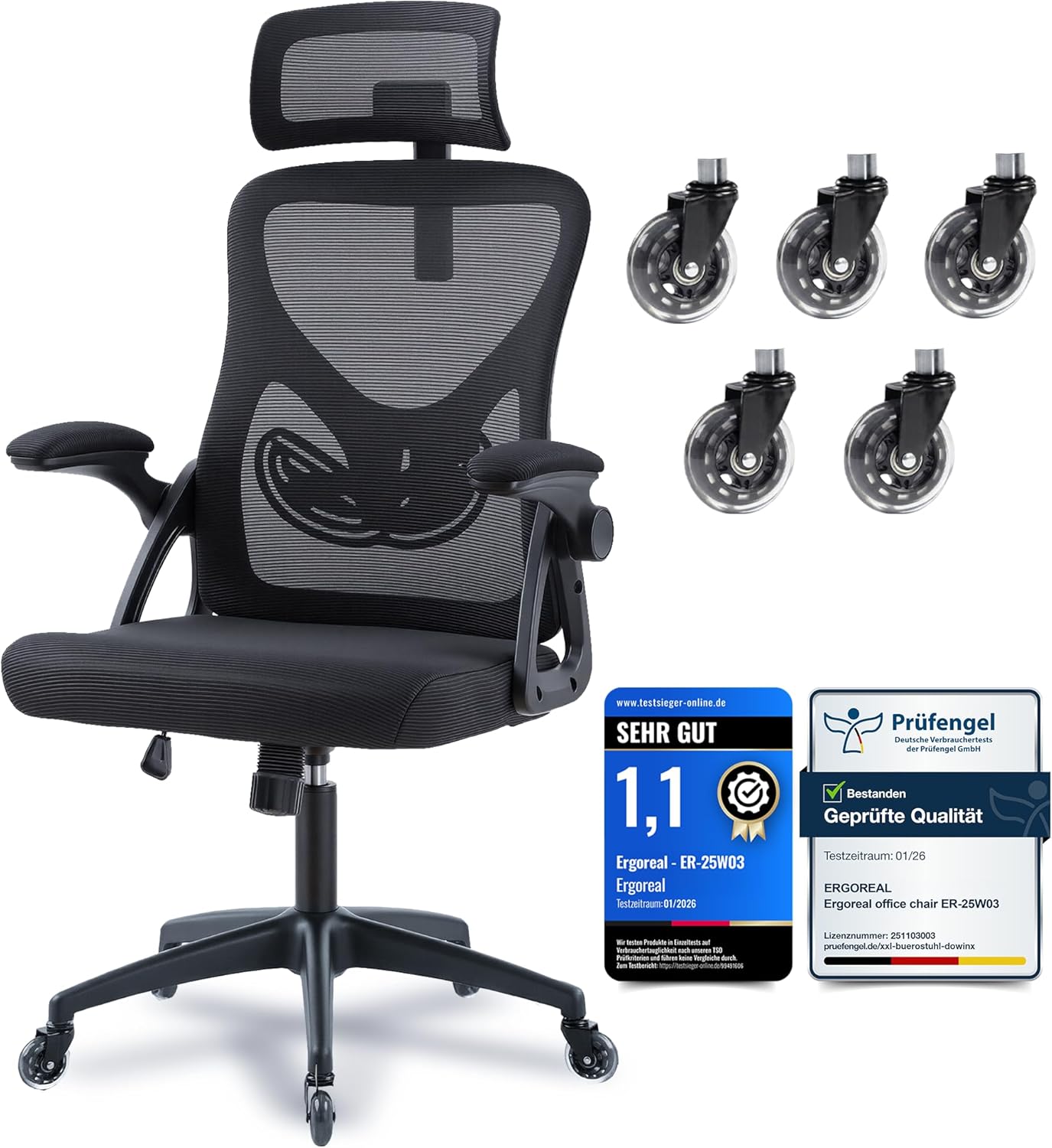 Ergonomischer Mesh‑Bürostuhl für Home Office, mit Verstellbarer Lendenstütze & 2D‑Kopfstütze, klappbare Armlehnen, leise PU‑Rollen, stabile Gasfeder Klasse 3, bis 140 kg(Tiefe Schwarz) - Amazon product rated Grade B