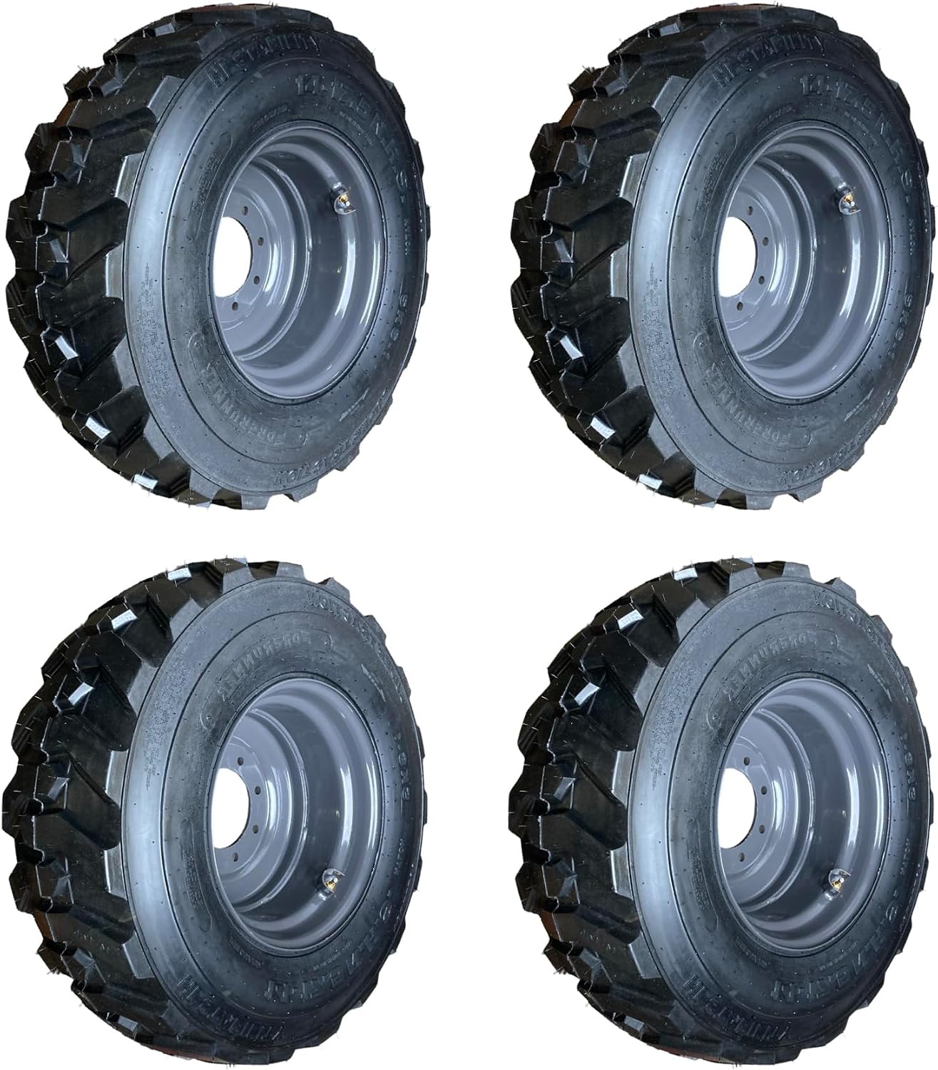 Set of 4-14X17.5 Forerunner SKS-1 Skid Steer Tires on Gray Wheels/Rims (8 lug) for Case, New Holland & more (4.13" Back Spacing) -14PLY -14X17.5