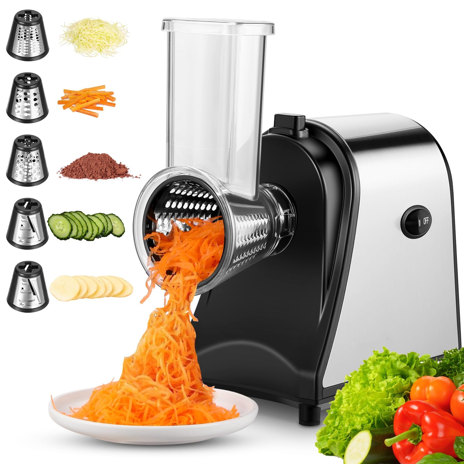 Coocheer Black Vegetable Slicer, Electric Stainless Steel, 250 W Electric Vegetable Slicer, Cheese Grater, Multifunctional Chopper With 5 Blades For Potatoes, Carrots, Onions,