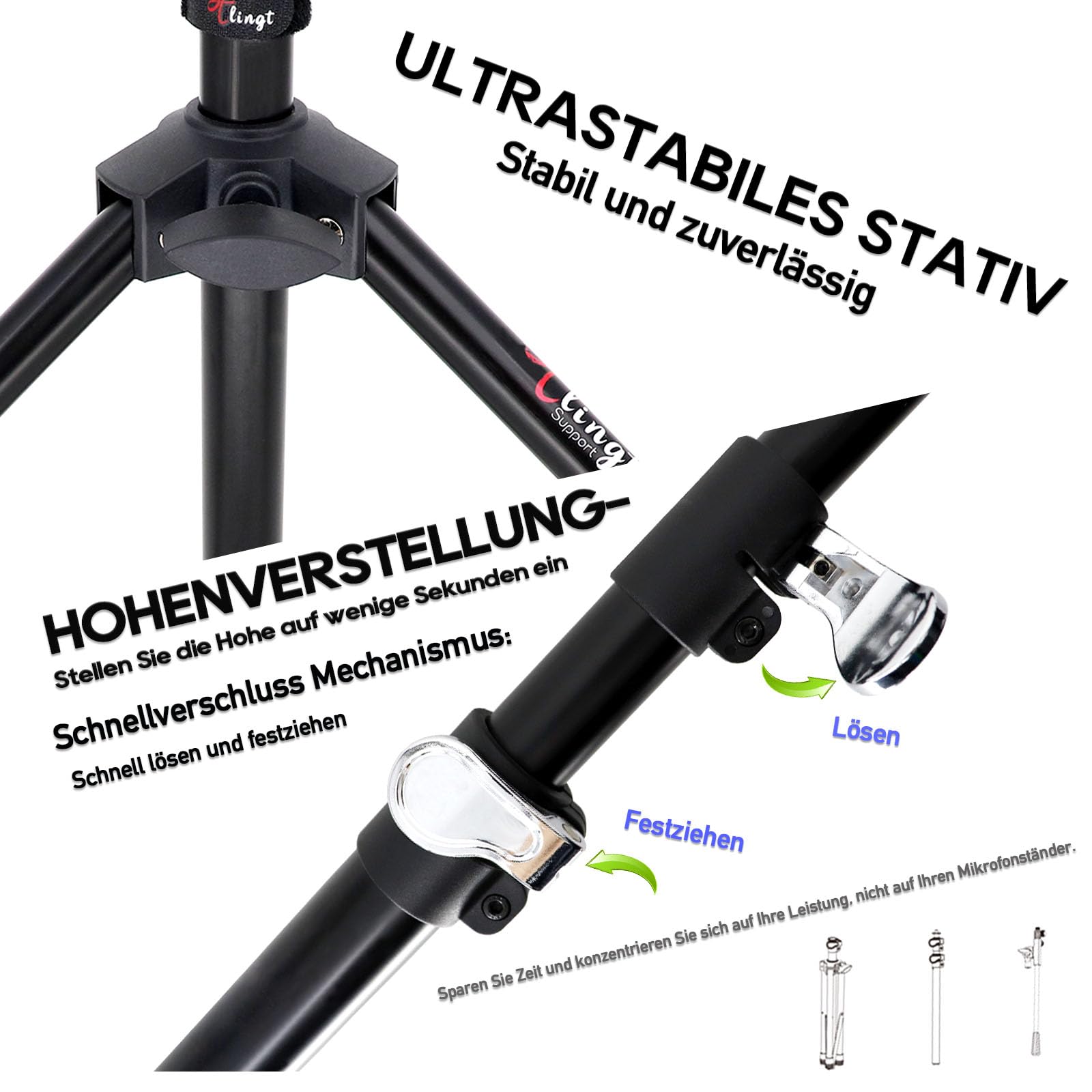 Mikrofonständer, Mikrofonstativ Tragbarer Mic Stand Mit Galgen, Easygo Mikrofonstativ mit Teleskoparm, Wasserdichte Deluxe-Schutztasche von Tlingt Support